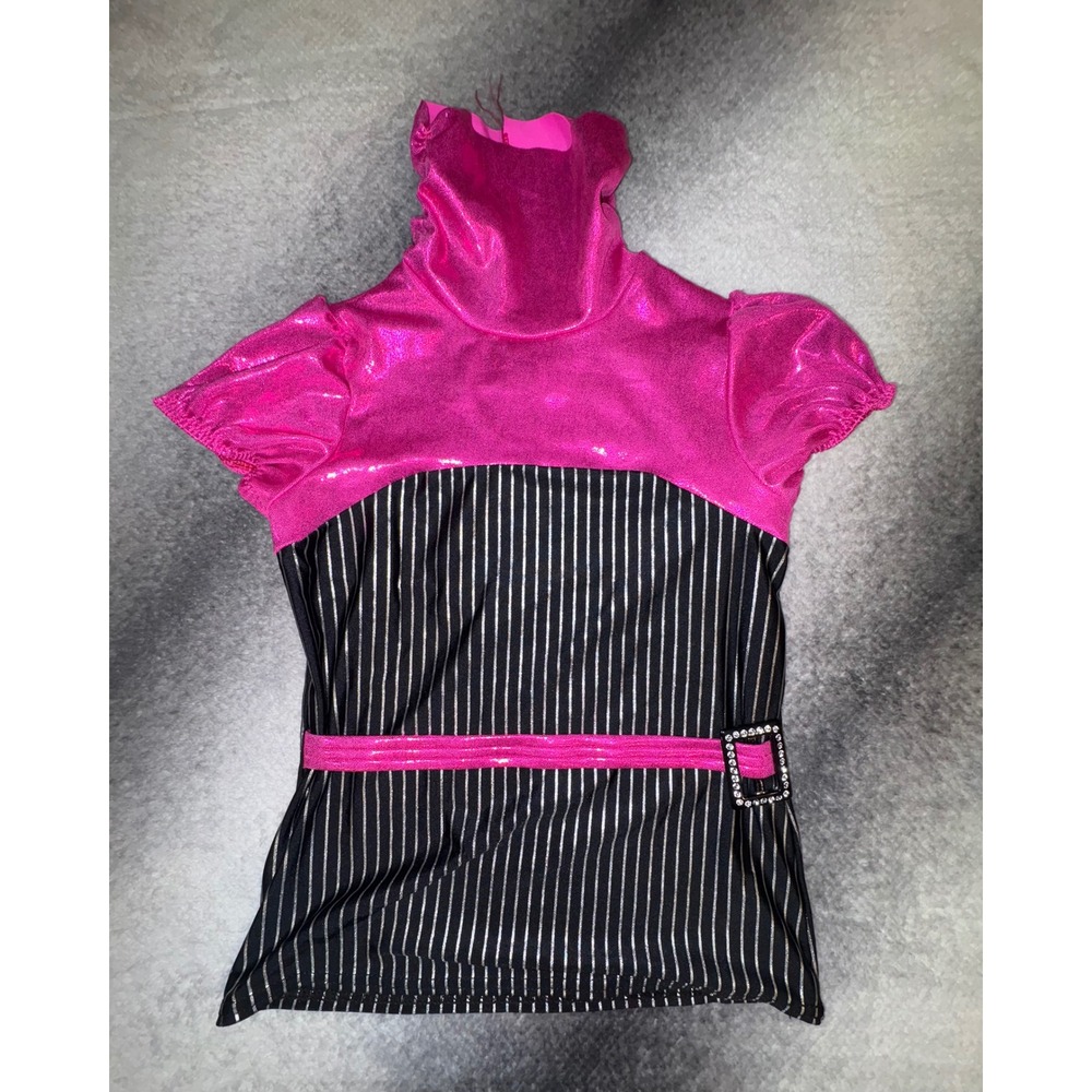 (A3) Curtain Call Costumes Pink Black Pinstripe‎ Dance Top Rhinestone Buckle CLA